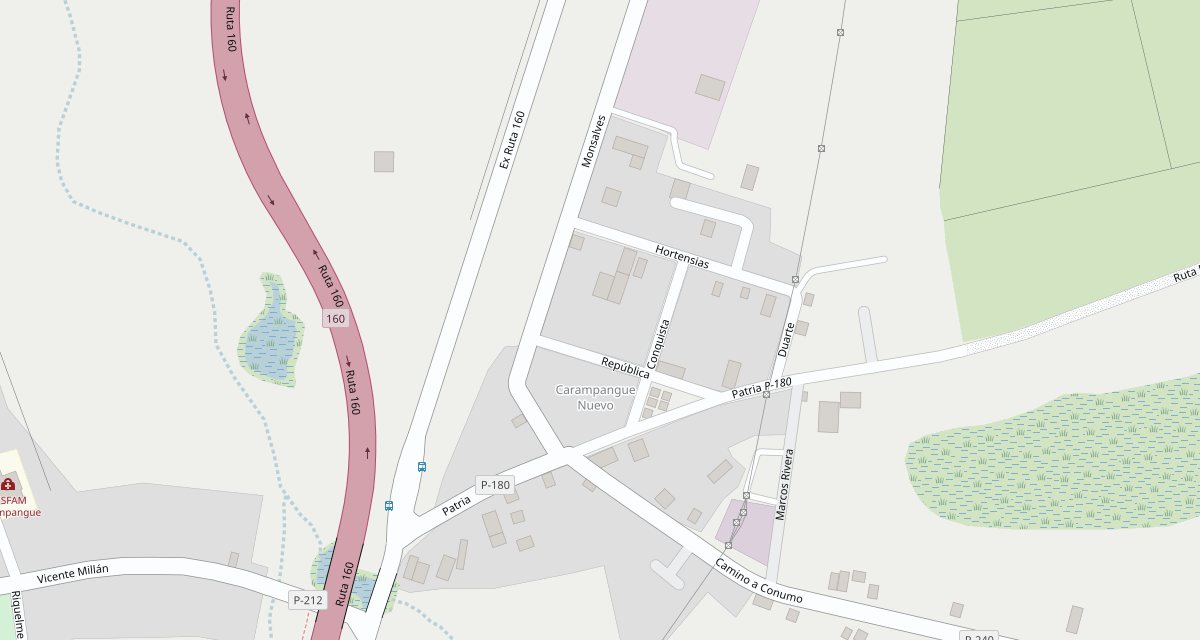 Mapa de Carampangue con la ubicación del Centro Médico Carampangue en Monsalve 102, al oriente de la Ruta 160.
